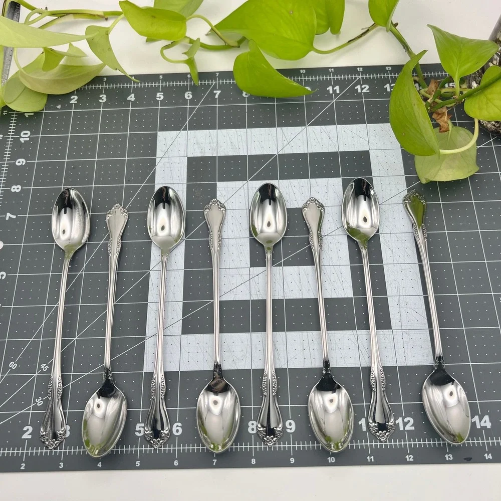 8 Oneida Mansfield Wm A Rogers Deluxe Stainless Iced Tea Spoons Floral Set